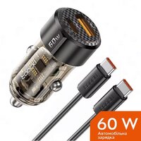 автомобільне в прикурювач Toocki 60W (1 Type-C 30w + 1 USB 30w) + КАБЕЛЬ Black Transparent